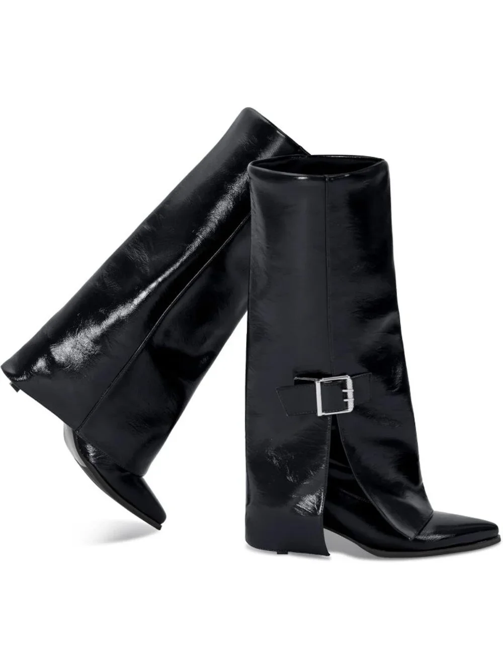 Women's Black Out Fold Over Shark Buckle Kitten Heels Wide Calf Knee High Boots
